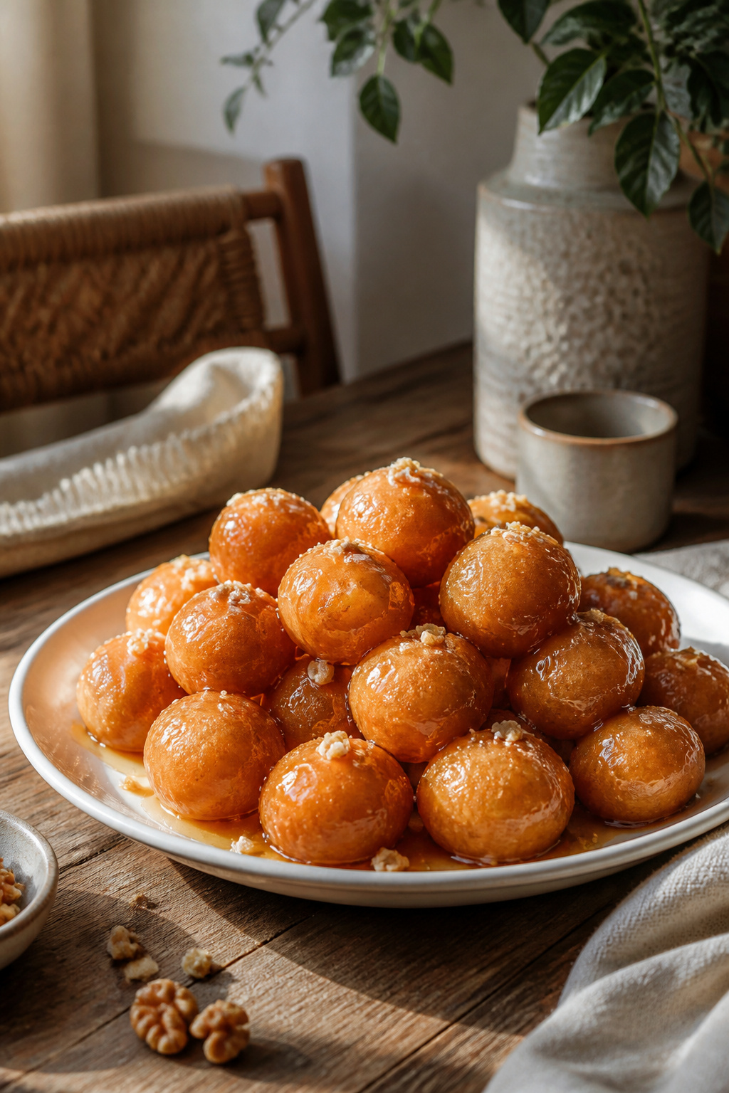 A plate filled with golden brown loukoumades with uneven edges.