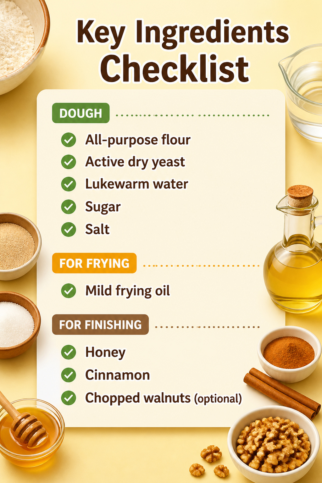 Ingredients checklist for making loukoumades.