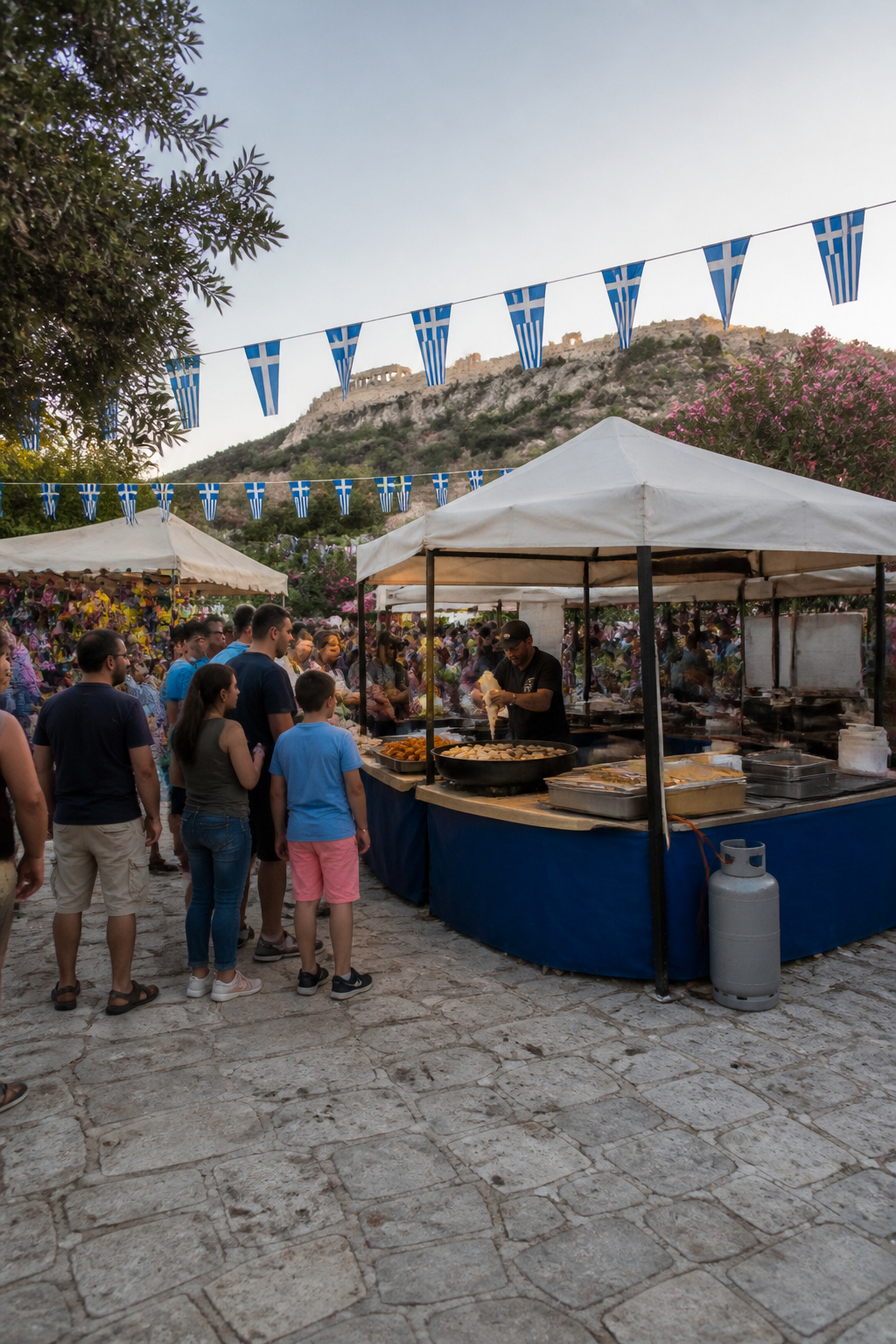 A busy food stall serving loukoumades at a festival.