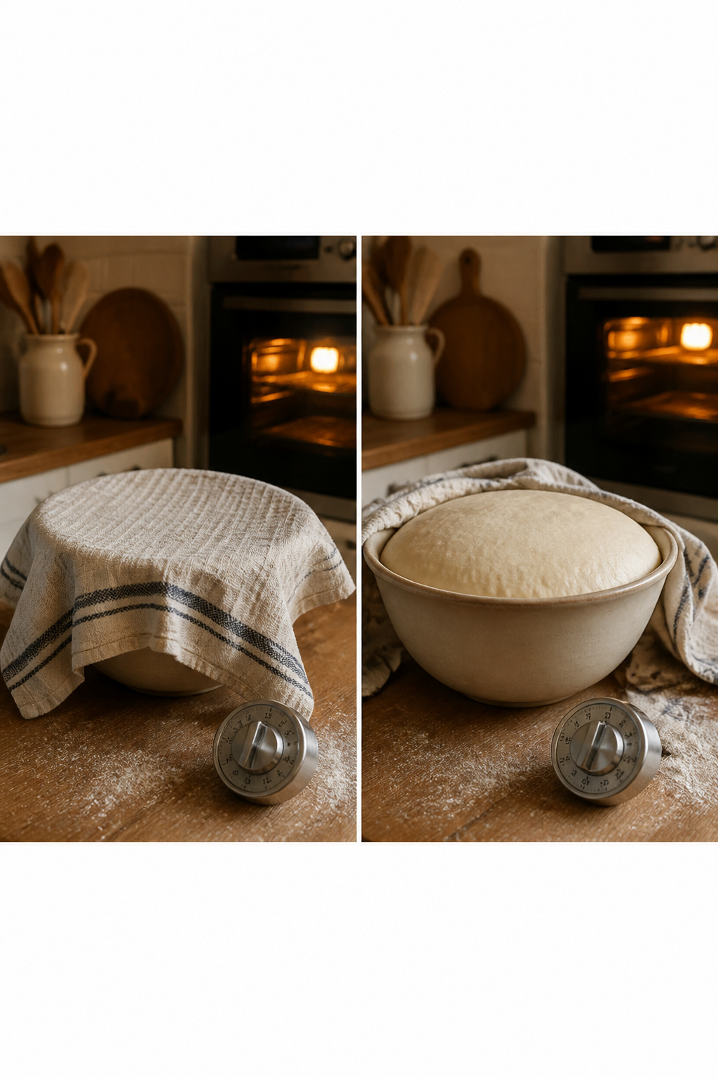 A bowl covered with a towel holding risen dough.