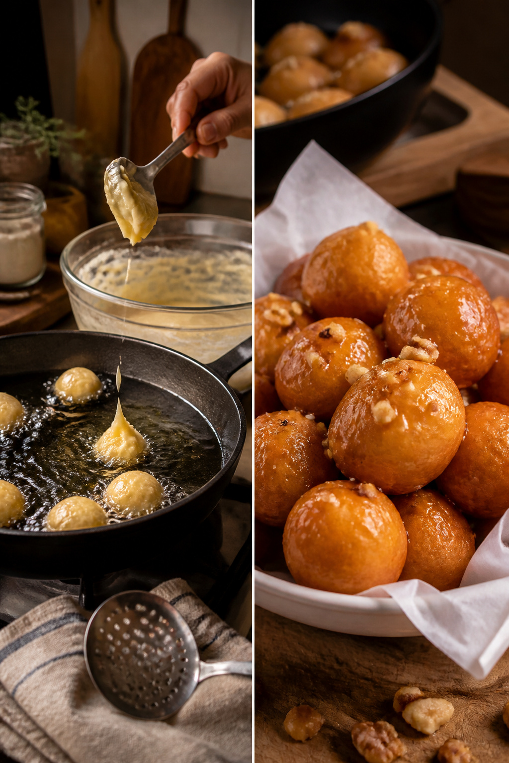 Walnut-sized balls of dough frying in hot oil.