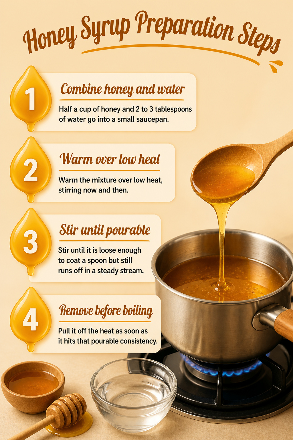 A saucepan with honey and water mixture warming on the stove.