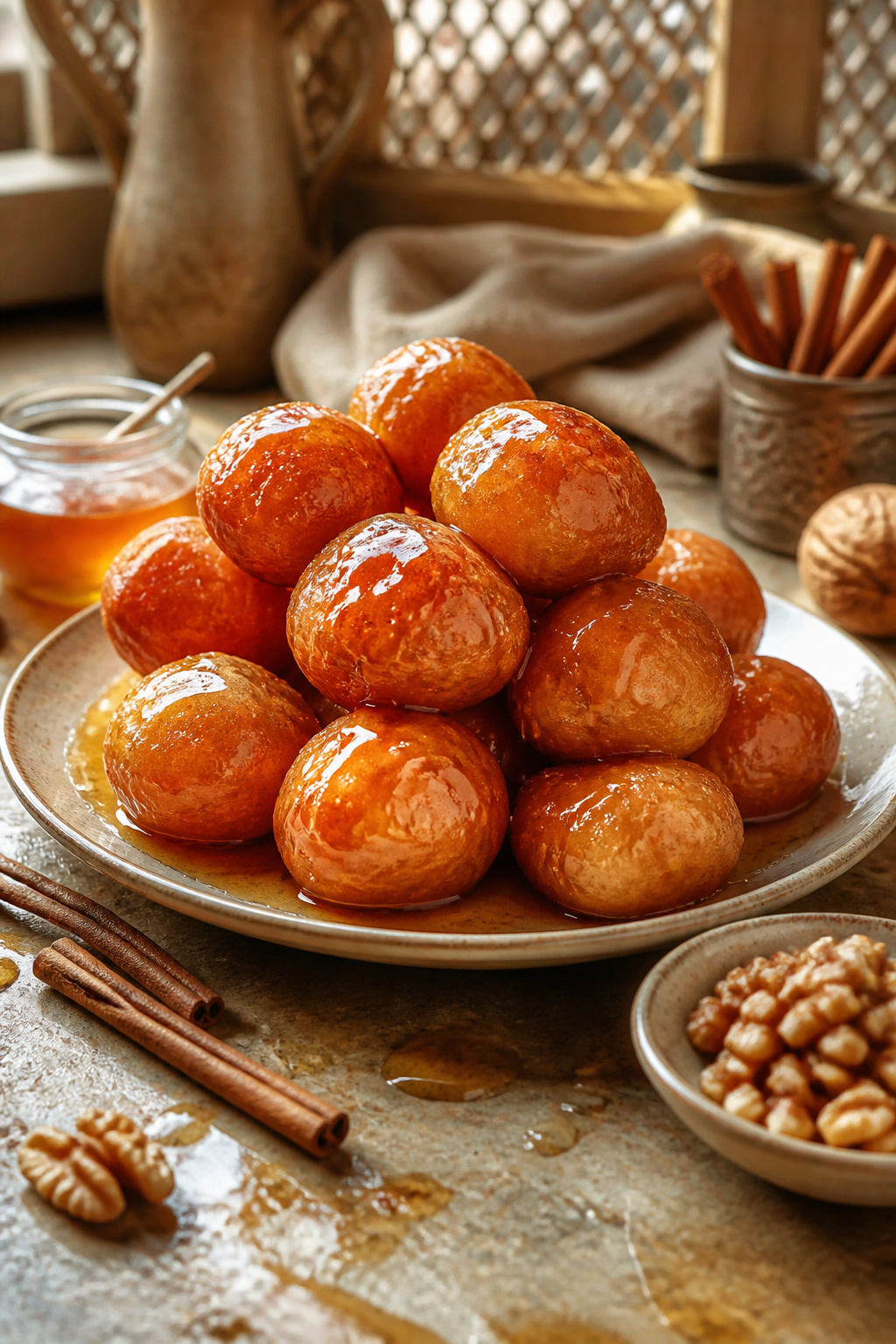 A plate of loukoumades being tossed in honey syrup.