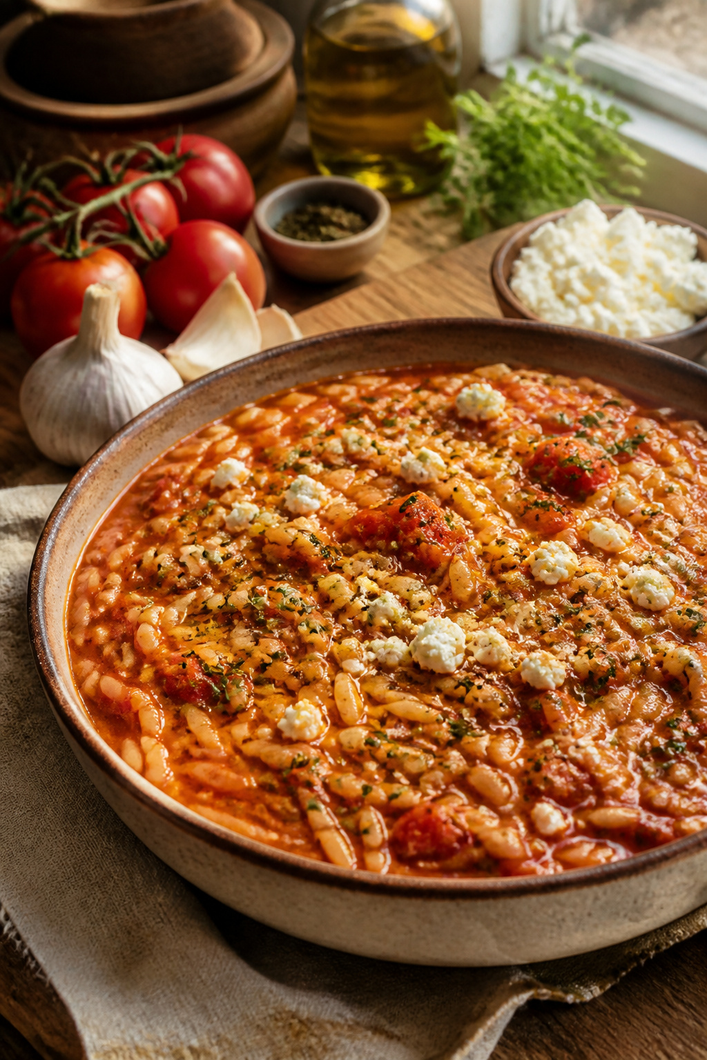 Bowl of manestra featuring orzo in tomato sauce.