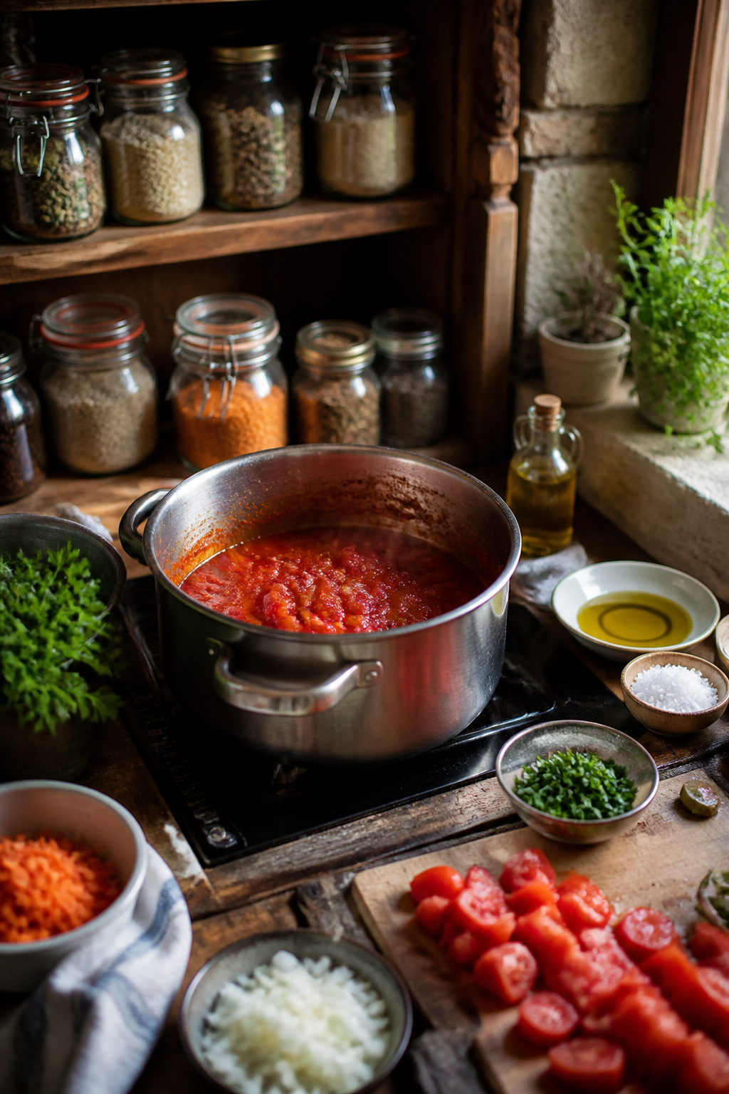 Pot filled with bubbling tomato paste and fresh tomatoes.