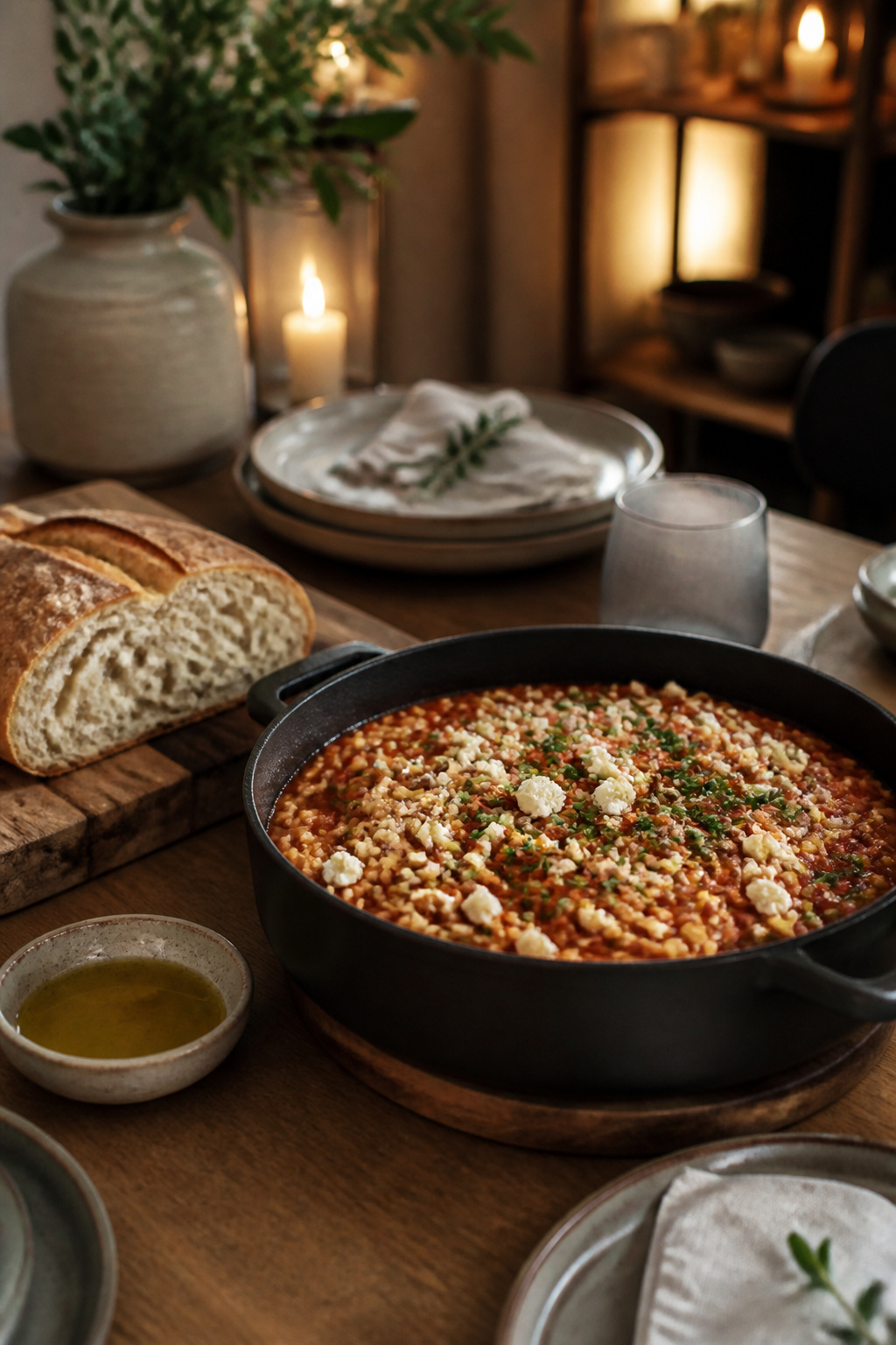 Dish of manestra garnished with feta and herbs on a table.