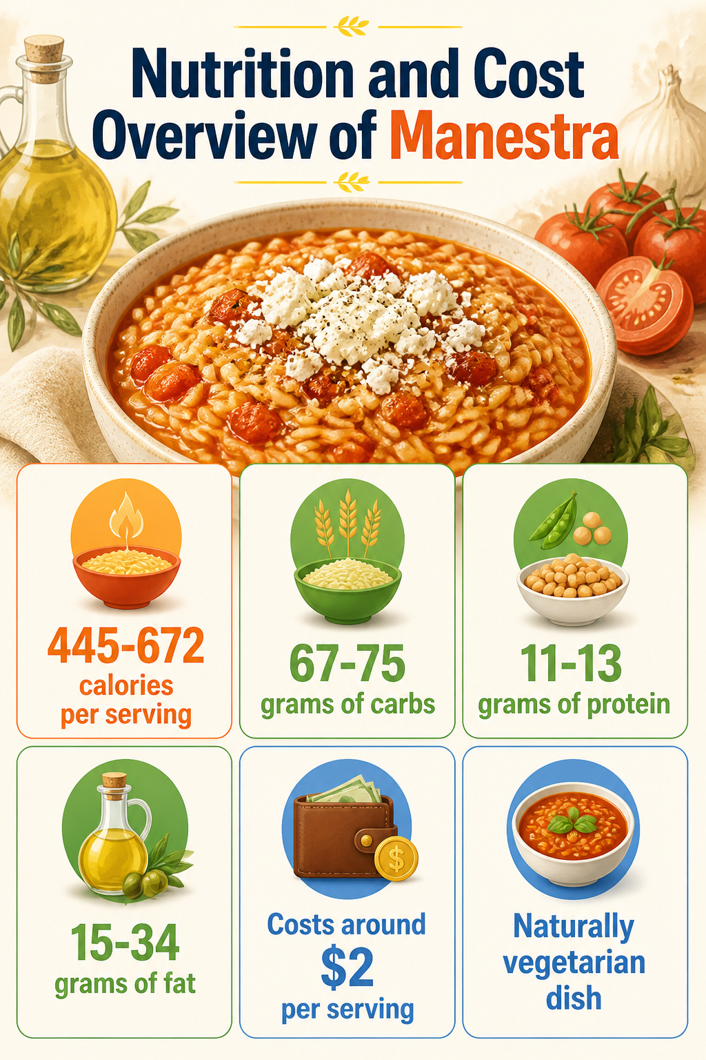 Nutritional overview of manestra with calorie ranges displayed.