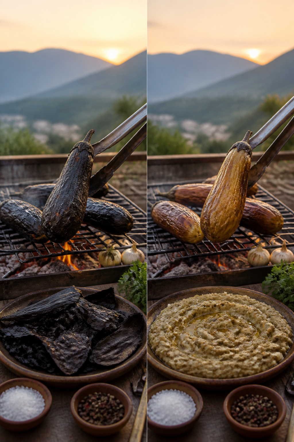 Charred eggplants on a grill alongside non-charred eggplants.