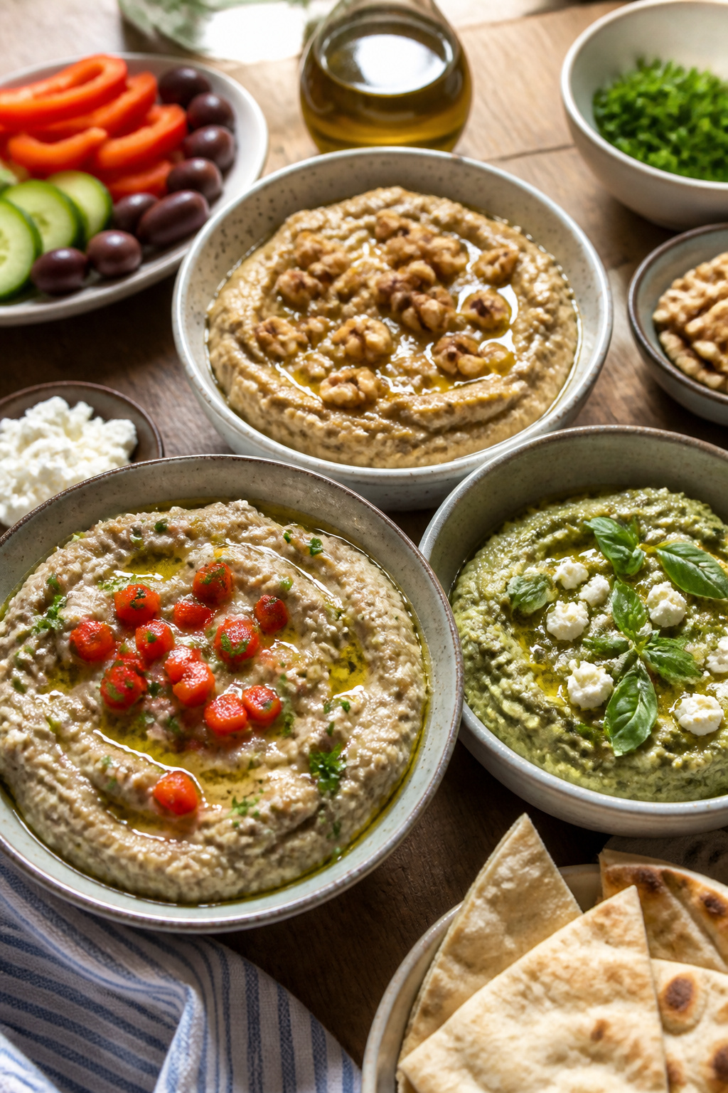 Different versions of melitzanosalata displayed in bowls.