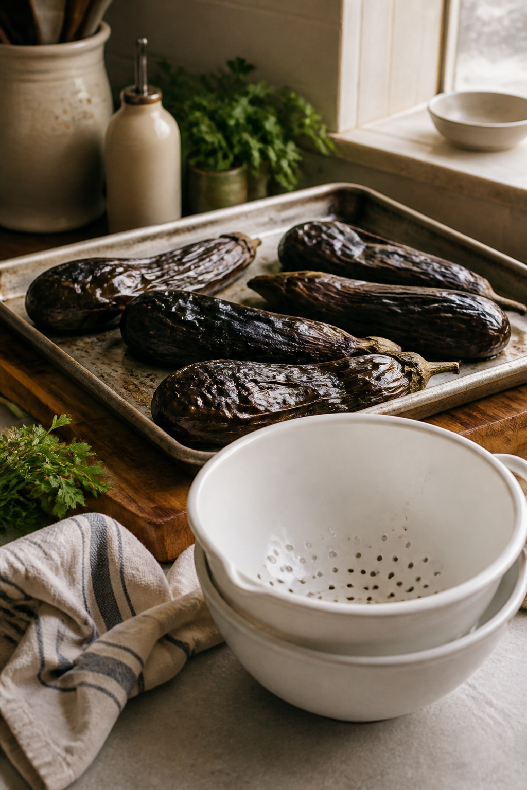 Roasted eggplants on a baking sheet and a colander set over a bowl.