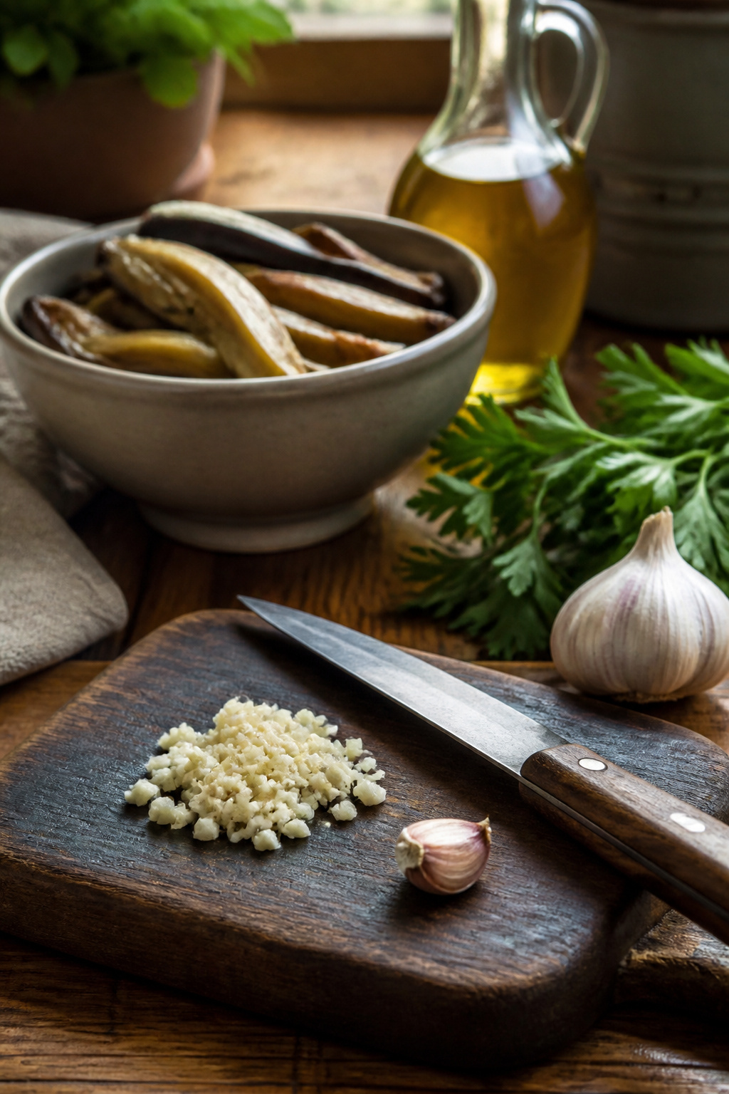 Chopped garlic on a cutting board with a rustic knife.