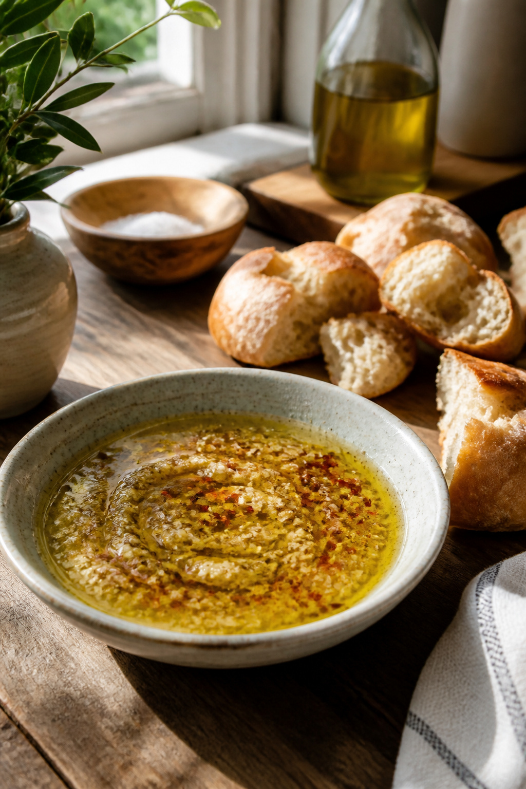 Bowl of garlic olive oil dip with garlic, red pepper flakes, and parmesan.