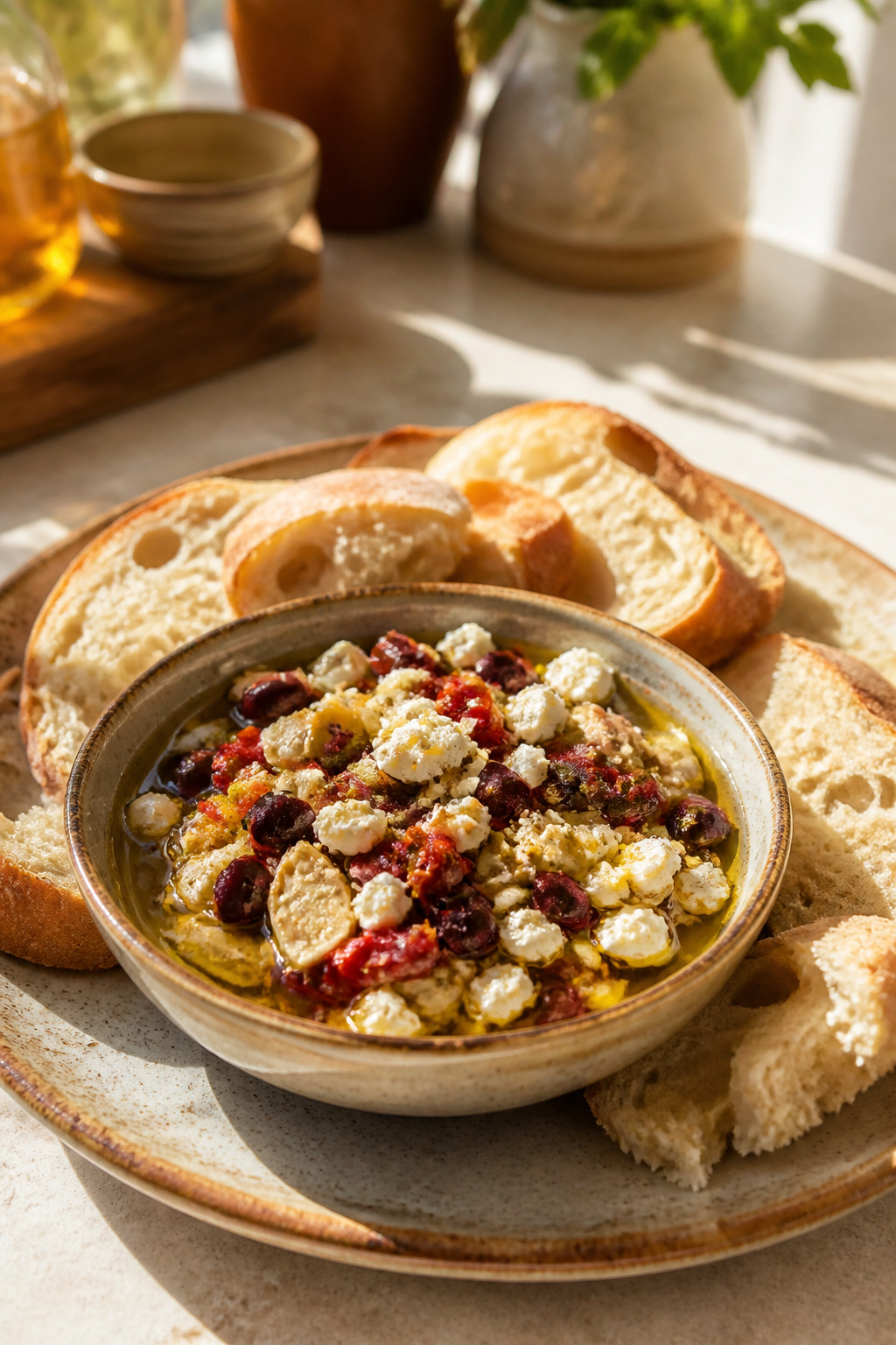 Bowl of chunky olive oil dip with chopped vegetables and feta cheese.