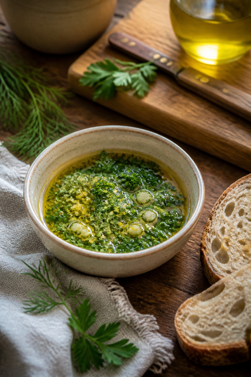 Bowl of herbed olive oil dip with dill, parsley, and lemon zest.
