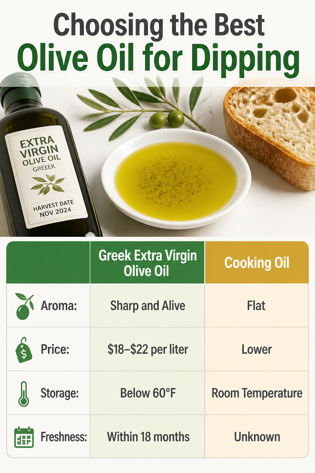 Information image about selecting quality olive oil for dipping.