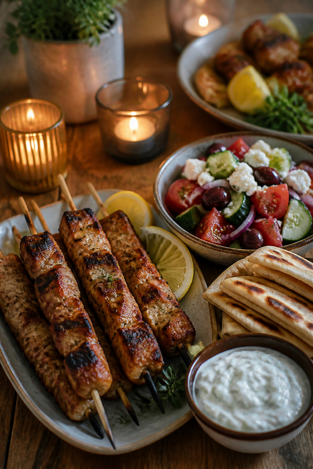 Plated pork souvlaki served with pita and salad on a wooden table.
