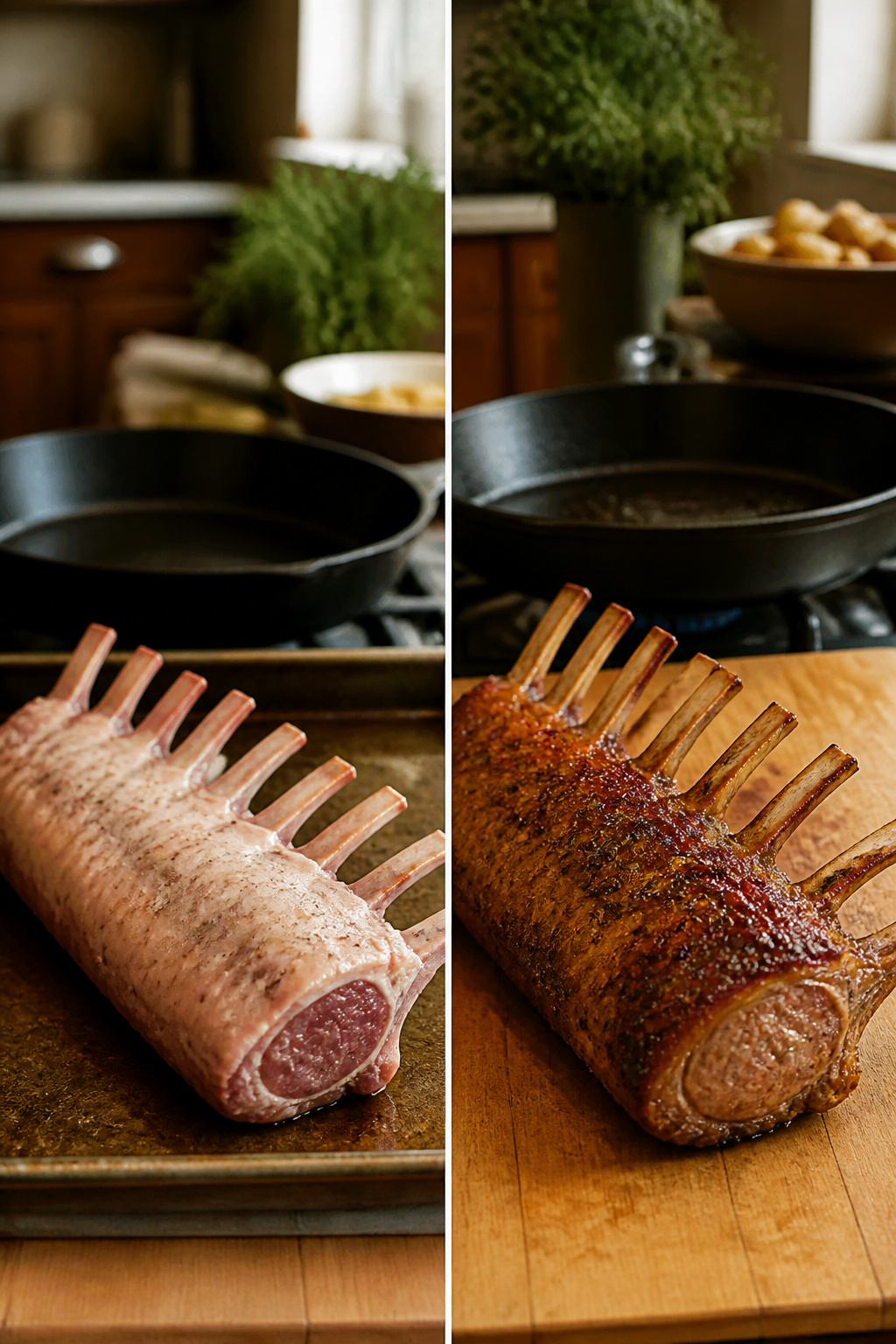 A rack of lamb being seared under the broiler for browning.