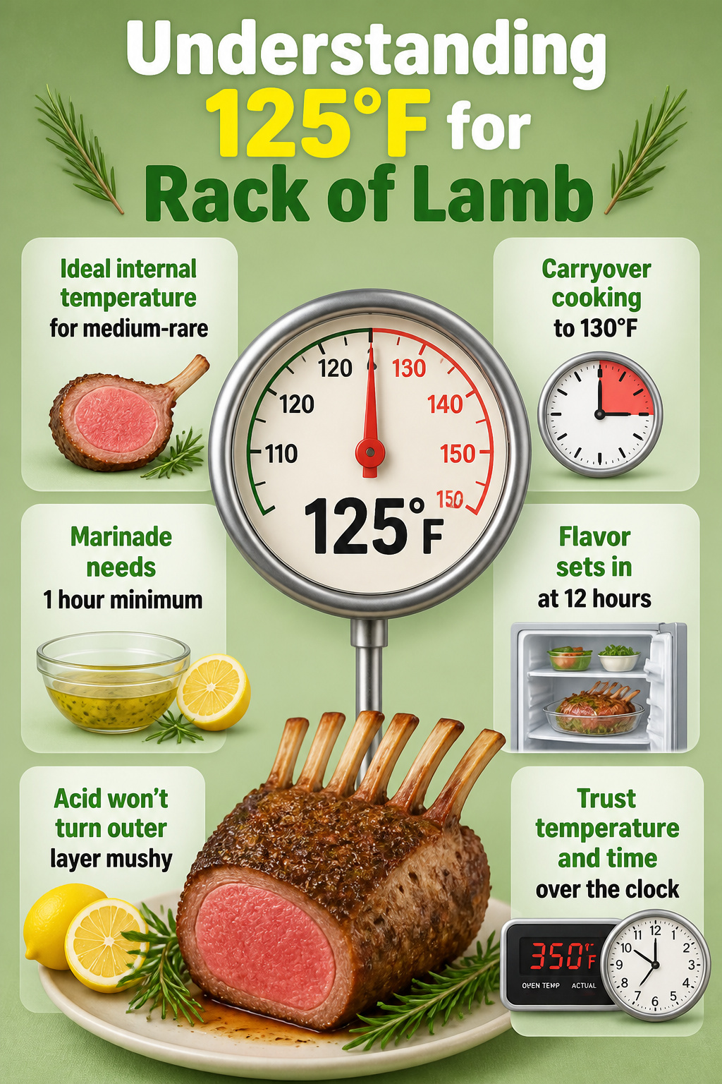 A thermometer showing 125°F, indicating the doneness of lamb.