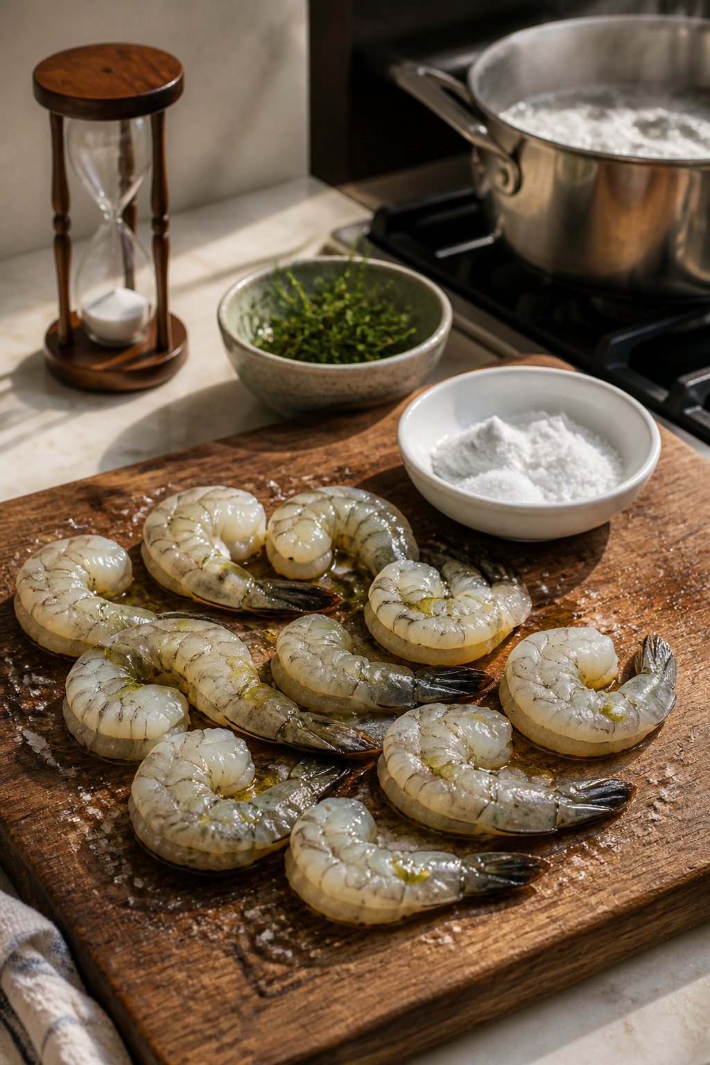Raw U26 shrimp on a wooden chopping board with olive oil and salt.