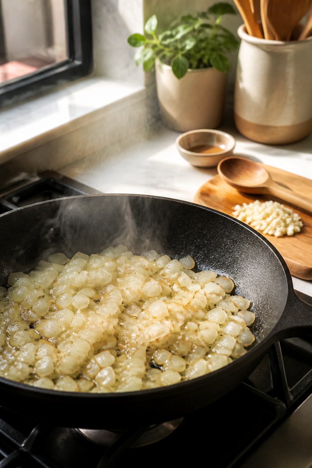 Diced onions cooking in olive oil in a skillet.