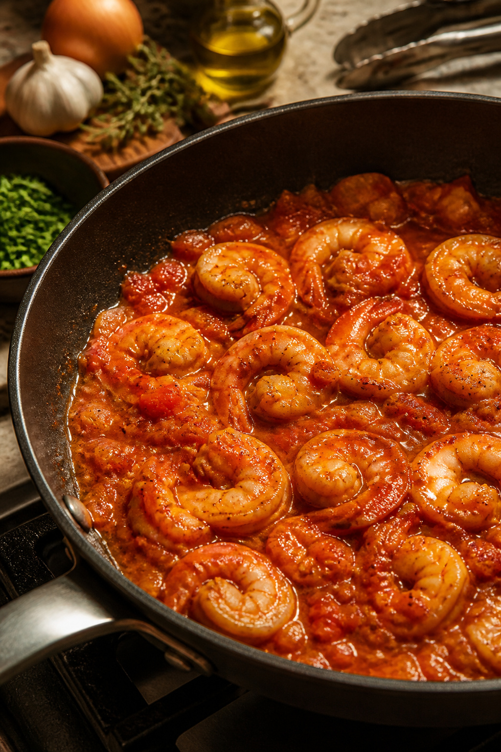 Shrimp simmering in tomato sauce in a skillet.