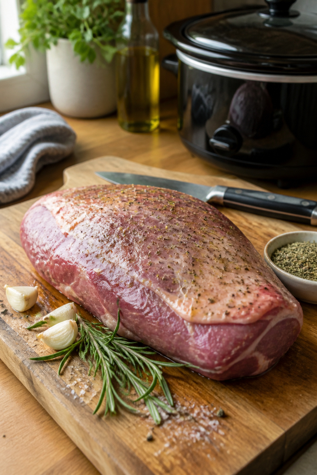 A boneless leg of lamb with olive oil, garlic, and rosemary on a cutting board.