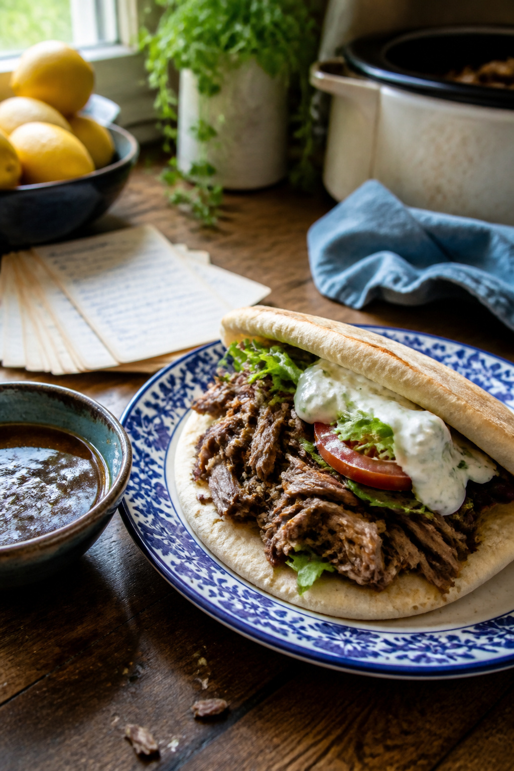 A pita sandwich filled with leftover lamb, yogurt, and vegetables.