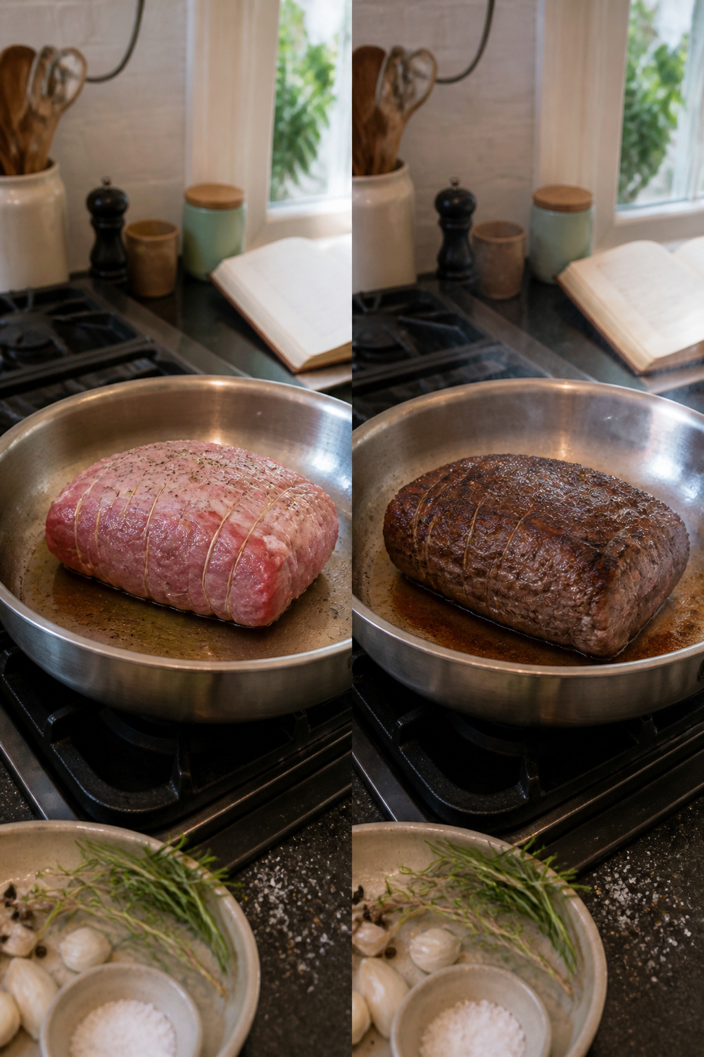 A sizzling skillet with lamb searing on both sides.