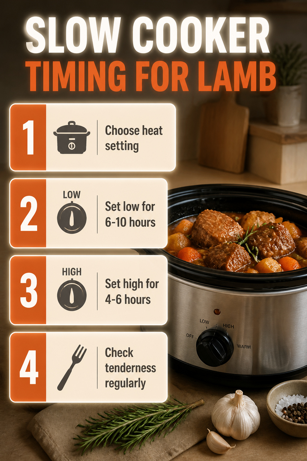 A chart showing cooking times for lamb in a slow cooker.