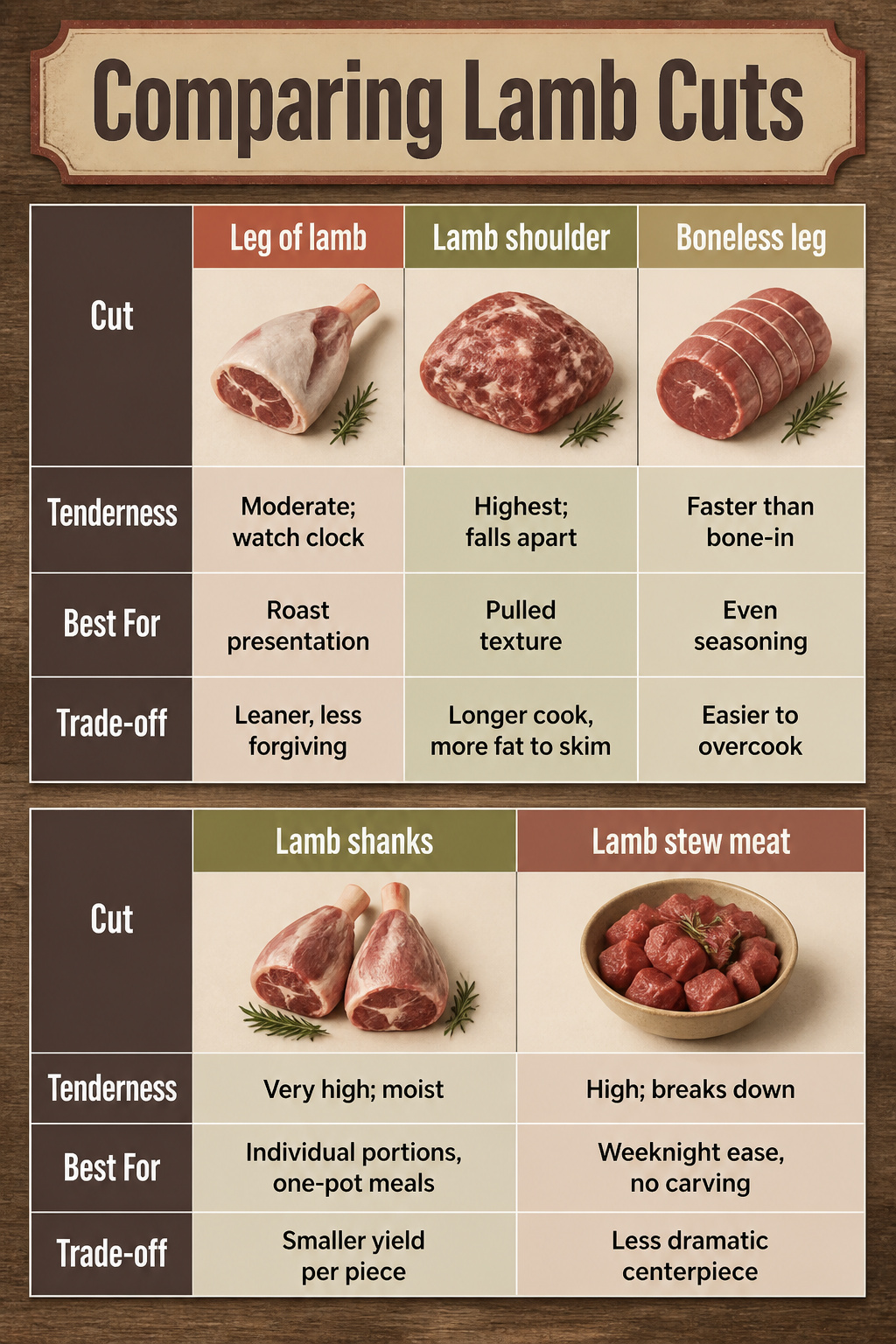 A table comparing various lamb cuts and their cooking qualities.