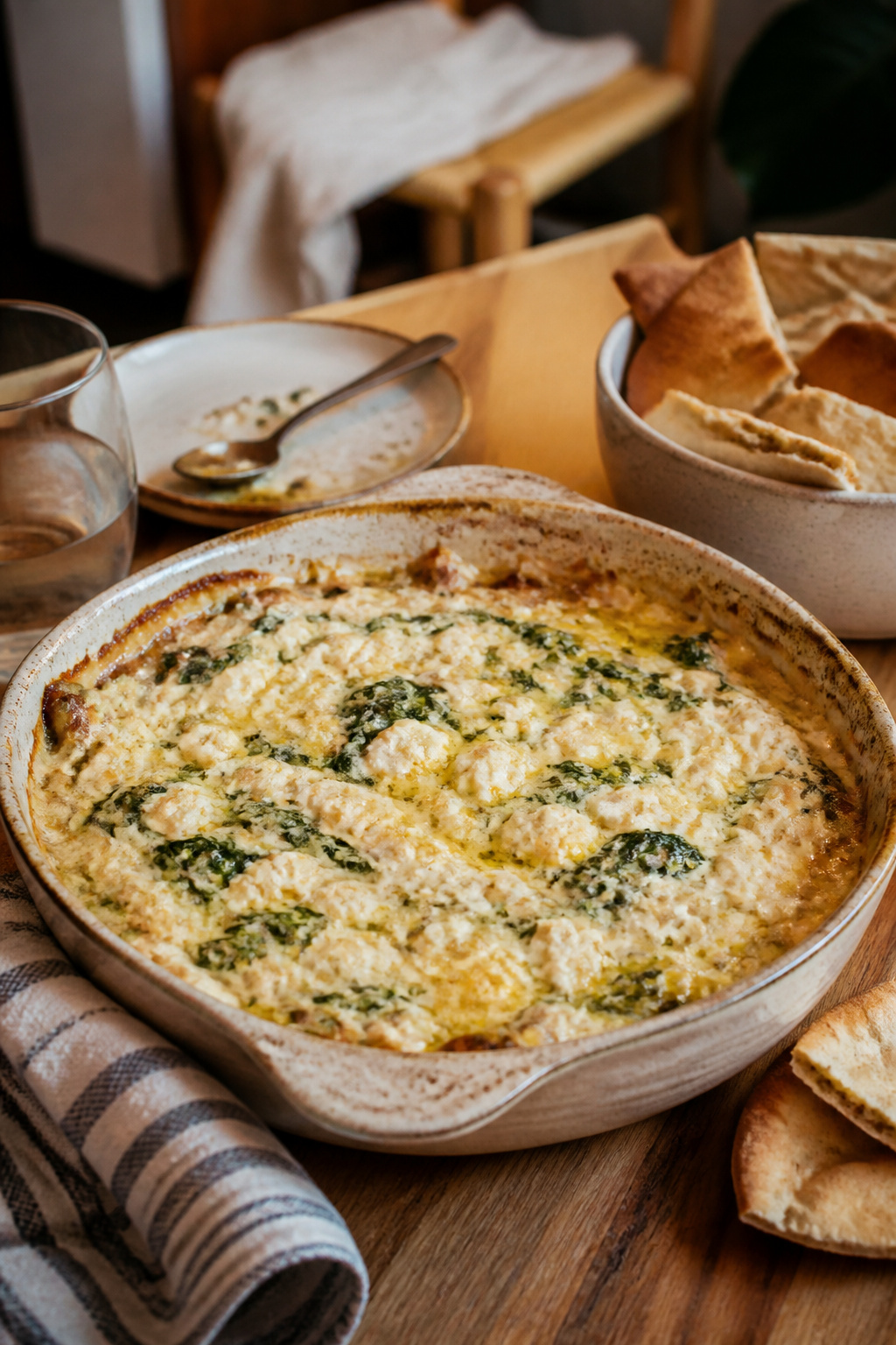 Spanakopita dip with green spinach and crumbled feta in a baking dish.