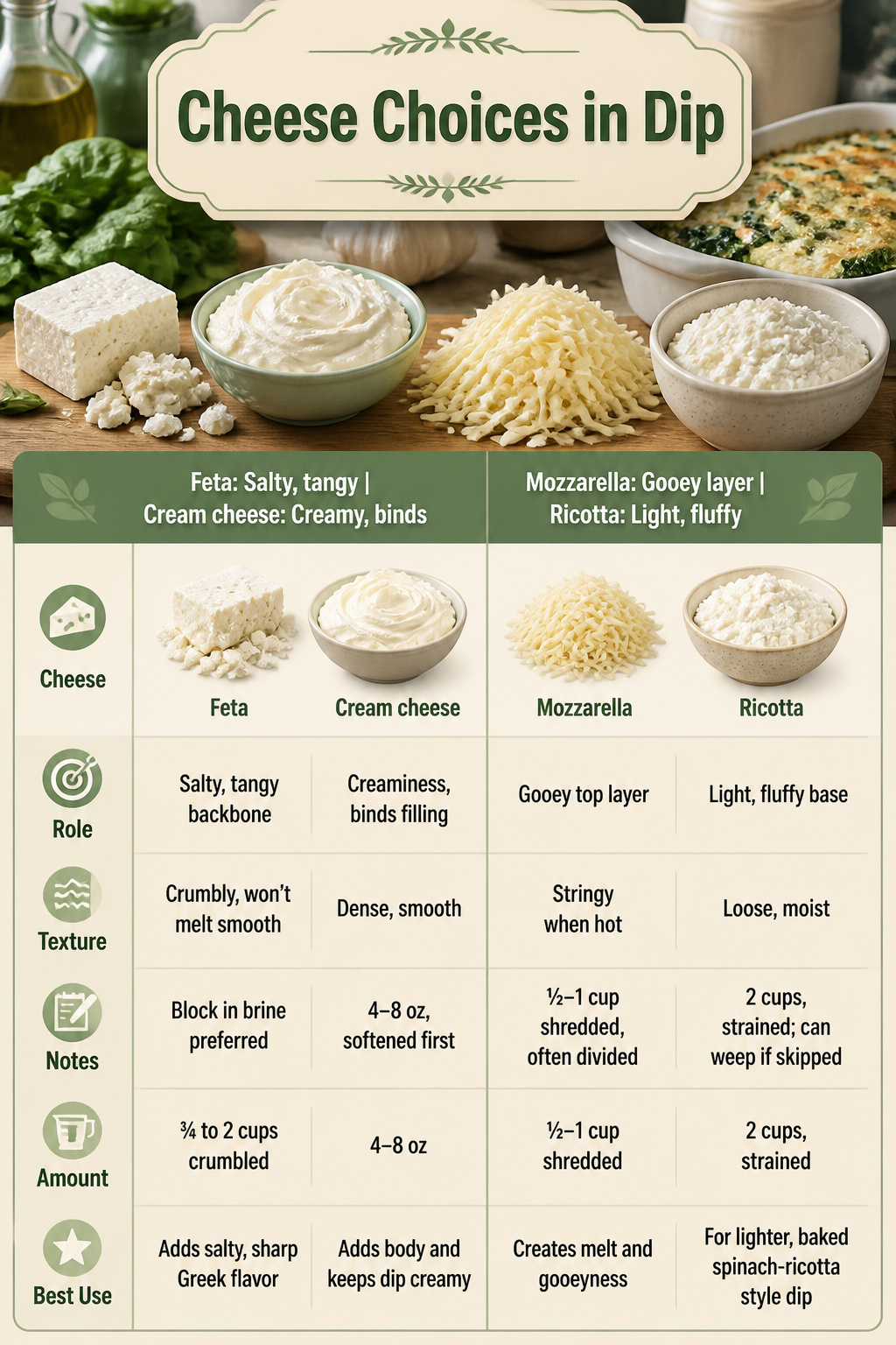 Different types of cheese used in spanakopita dip, including feta and mozzarella.