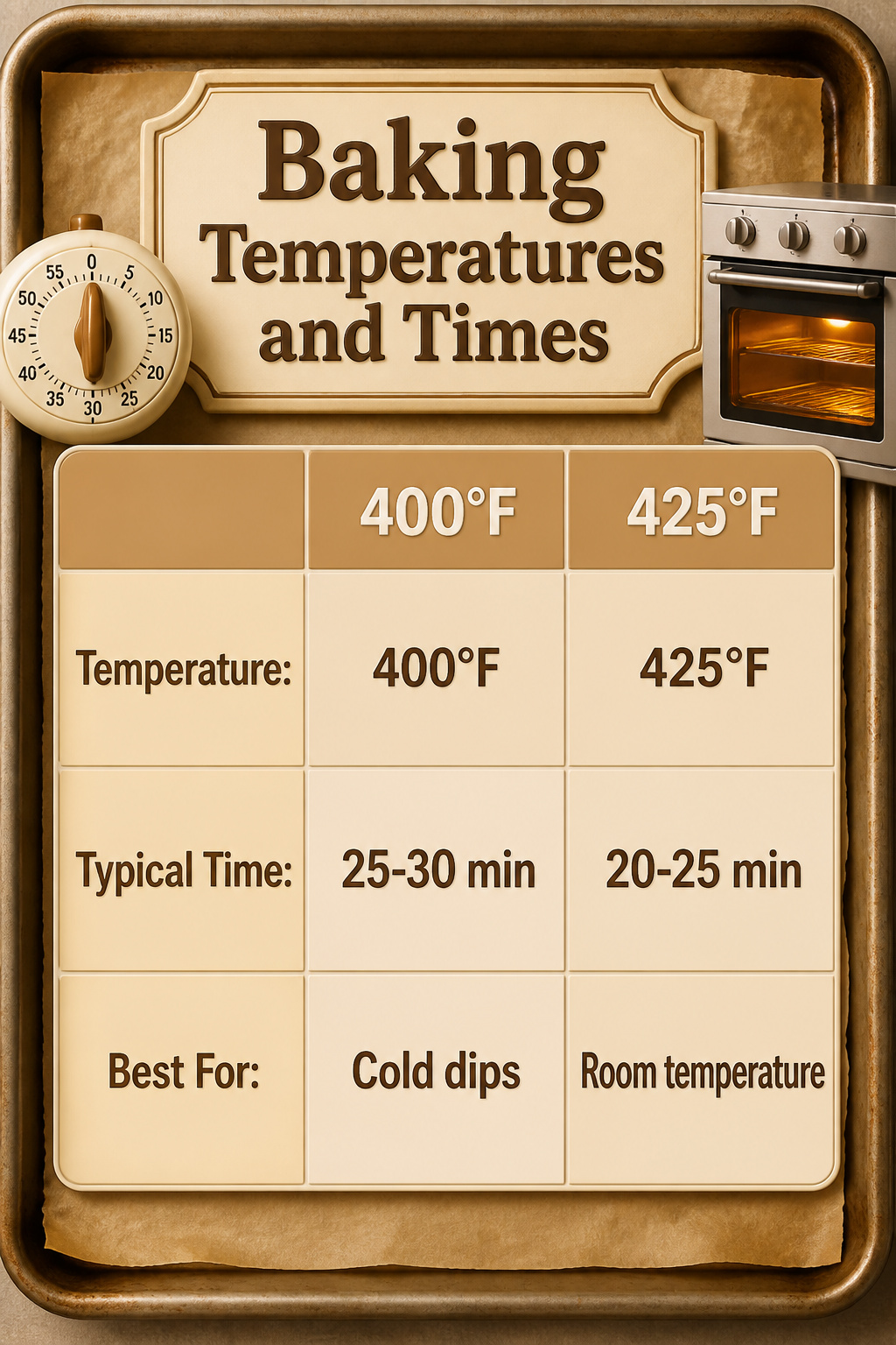 Baking temperatures and times for spanakopita dip in a table format.