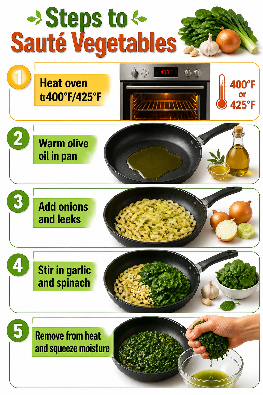 Steps to sauté vegetables, including spinach and garlic in a pan.