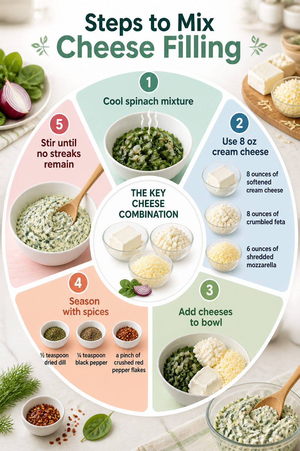 Steps to mix the cheese filling for spanakopita dip in a bowl.
