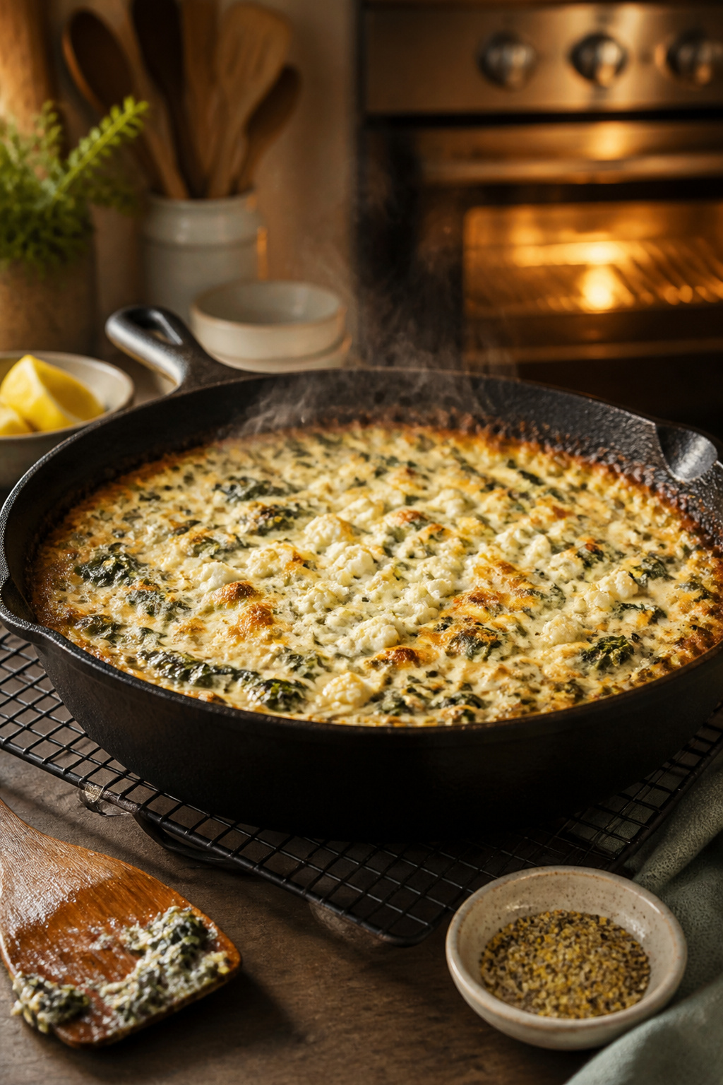 Spinach and cheese mixture in a baking dish, ready for the oven.