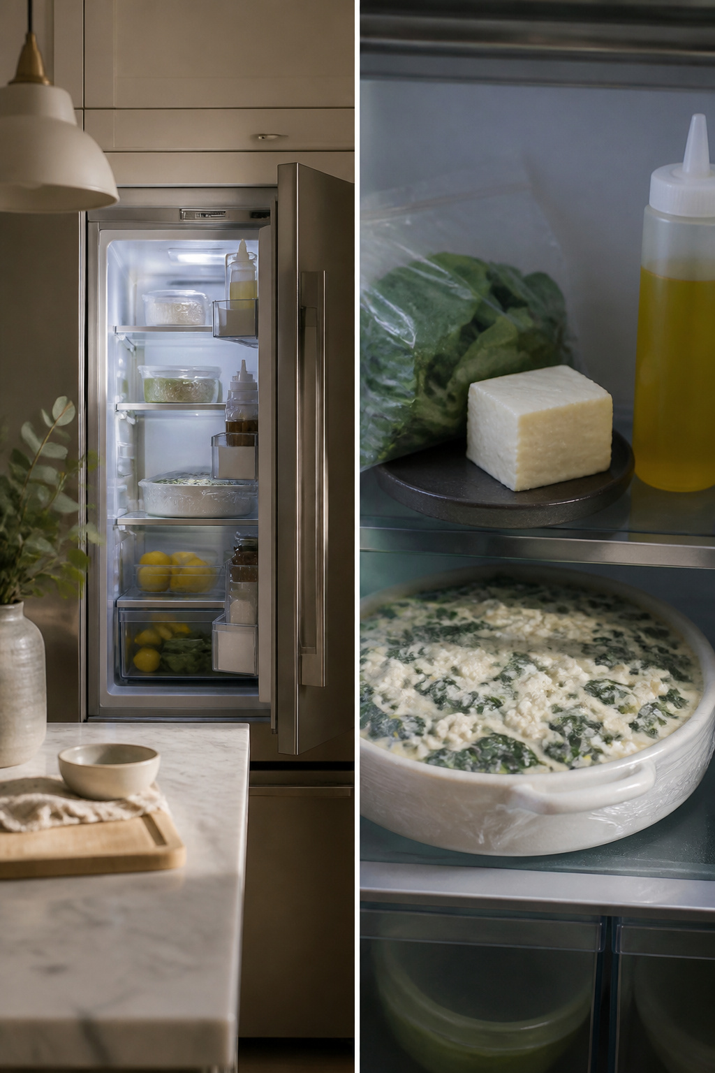 Prepared spanakopita dip in a dish, ready to be refrigerated.
