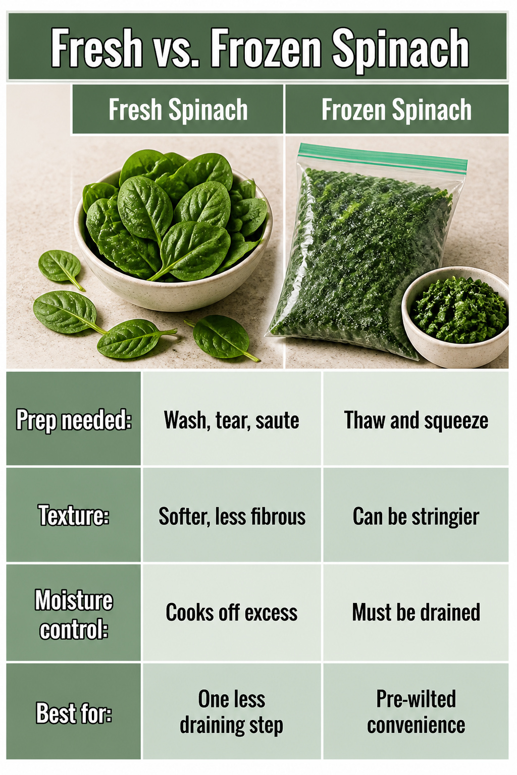Comparison of fresh and frozen spinach for spanakopita dip preparation.