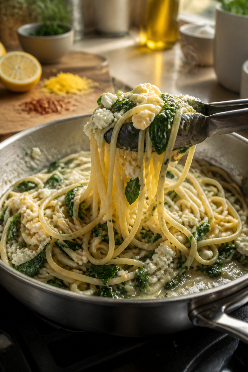 Hot pasta mixed with spinach and feta in a skillet.