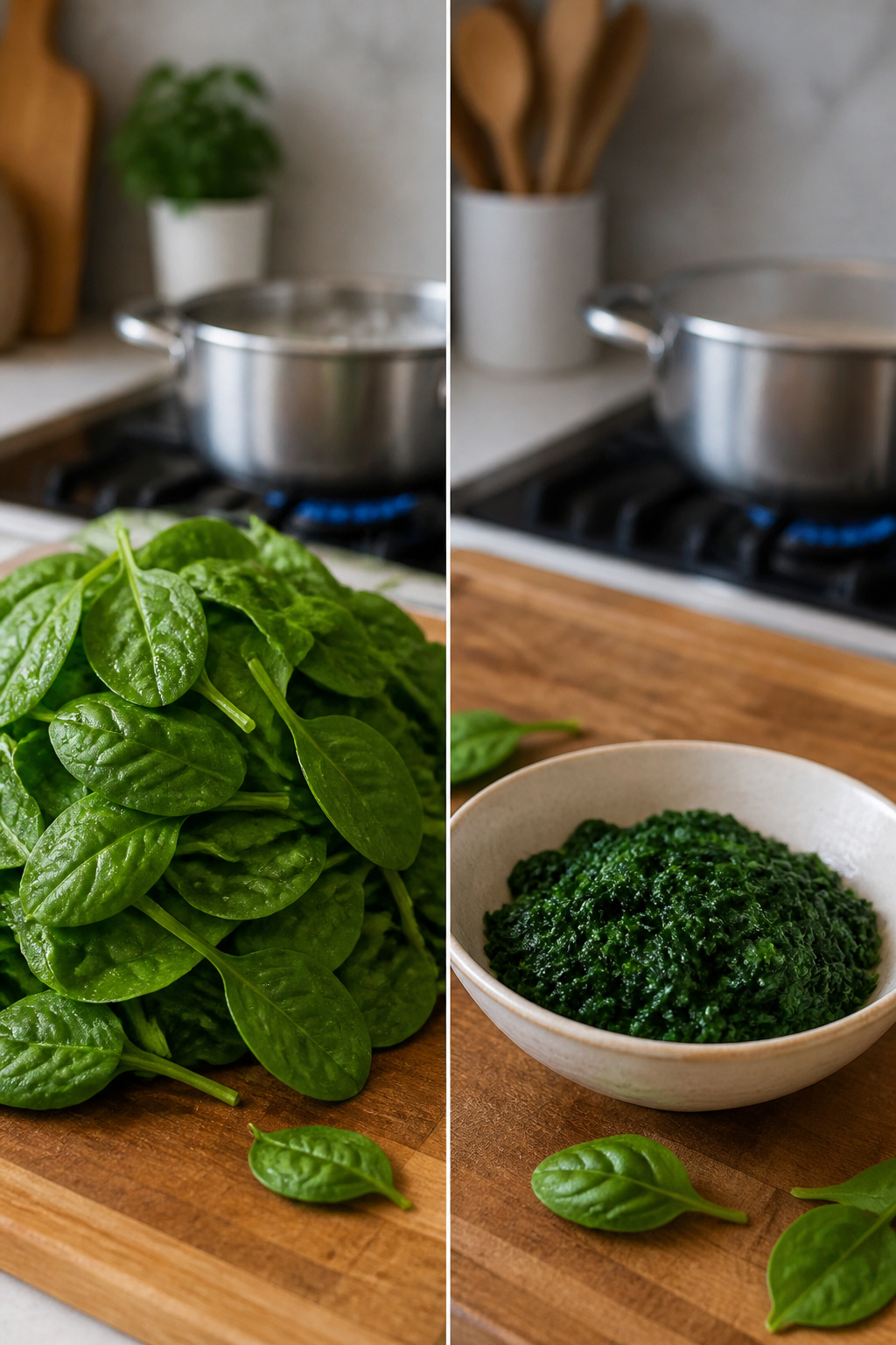 Fresh spinach leaves displayed alongside a package of frozen spinach.