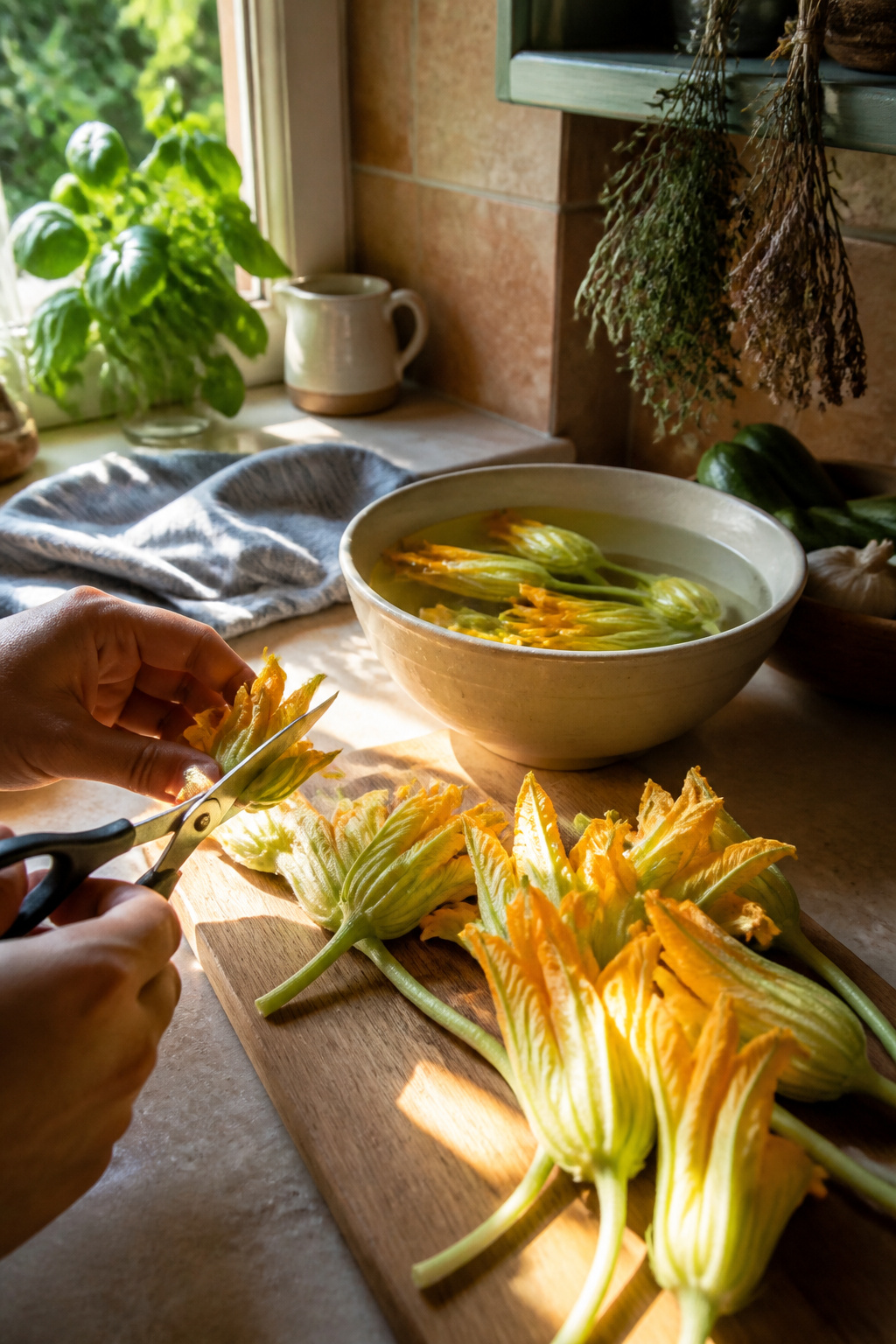 Freshly harvested zucchini flowers on a cutting board with a bowl of water.