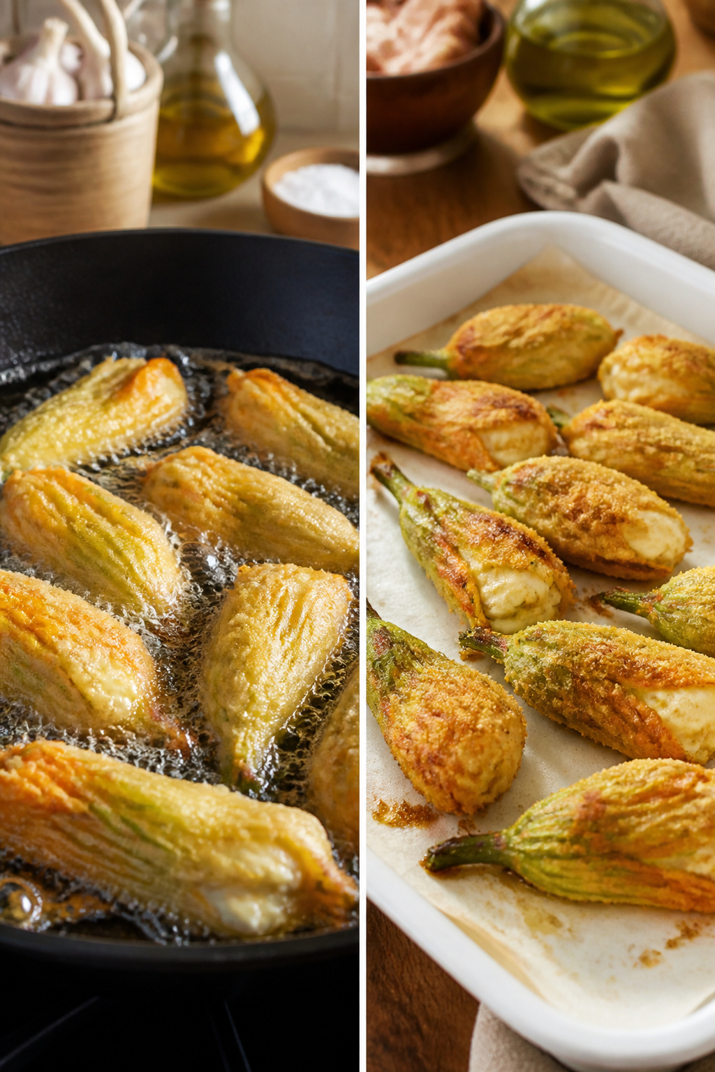 A side-by-side comparison of fried and baked zucchini flowers.