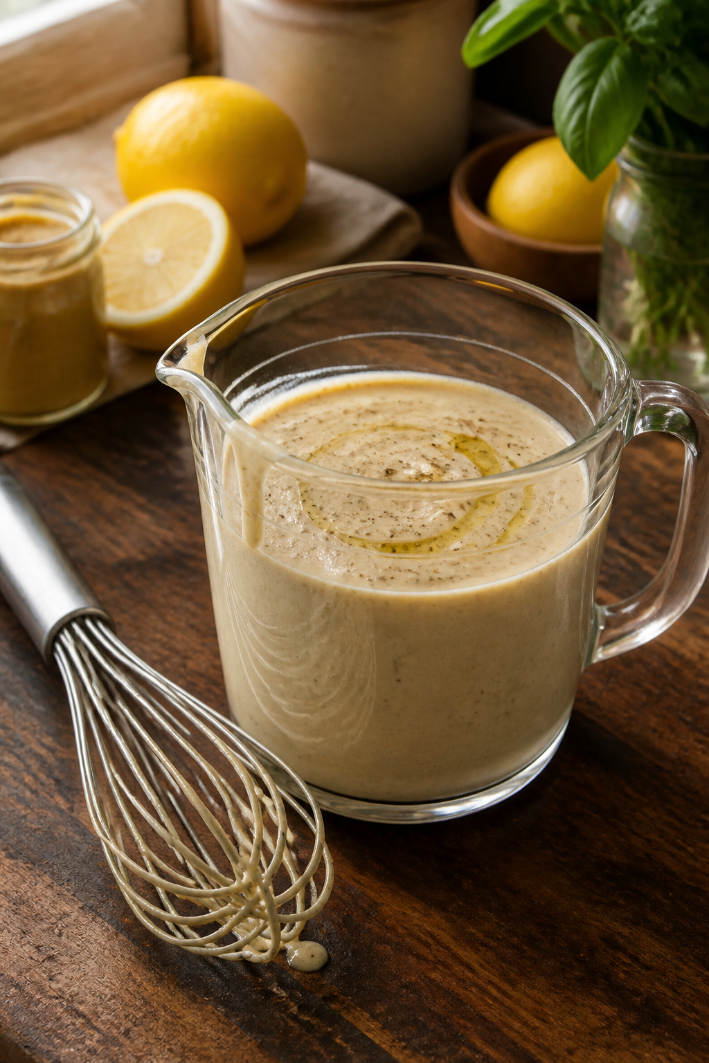 A jar of creamy tahini dressing with a whisk beside it.
