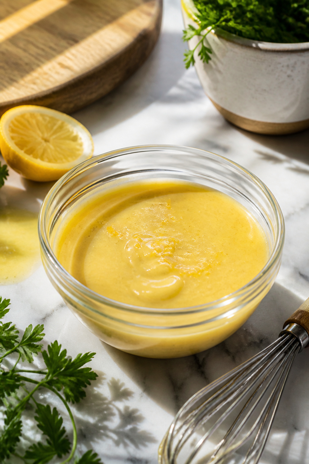 A jar of lemon tahini dressing with fresh lemons in the background.