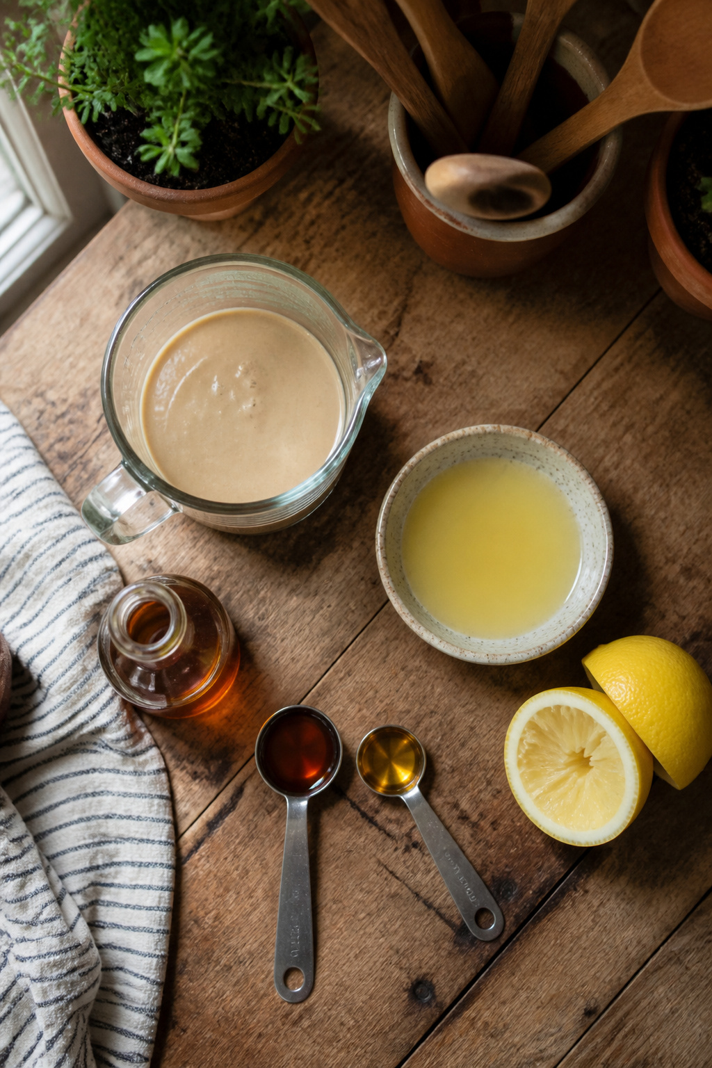 Ingredients for tahini dressing including tahini, lemon, and maple syrup.