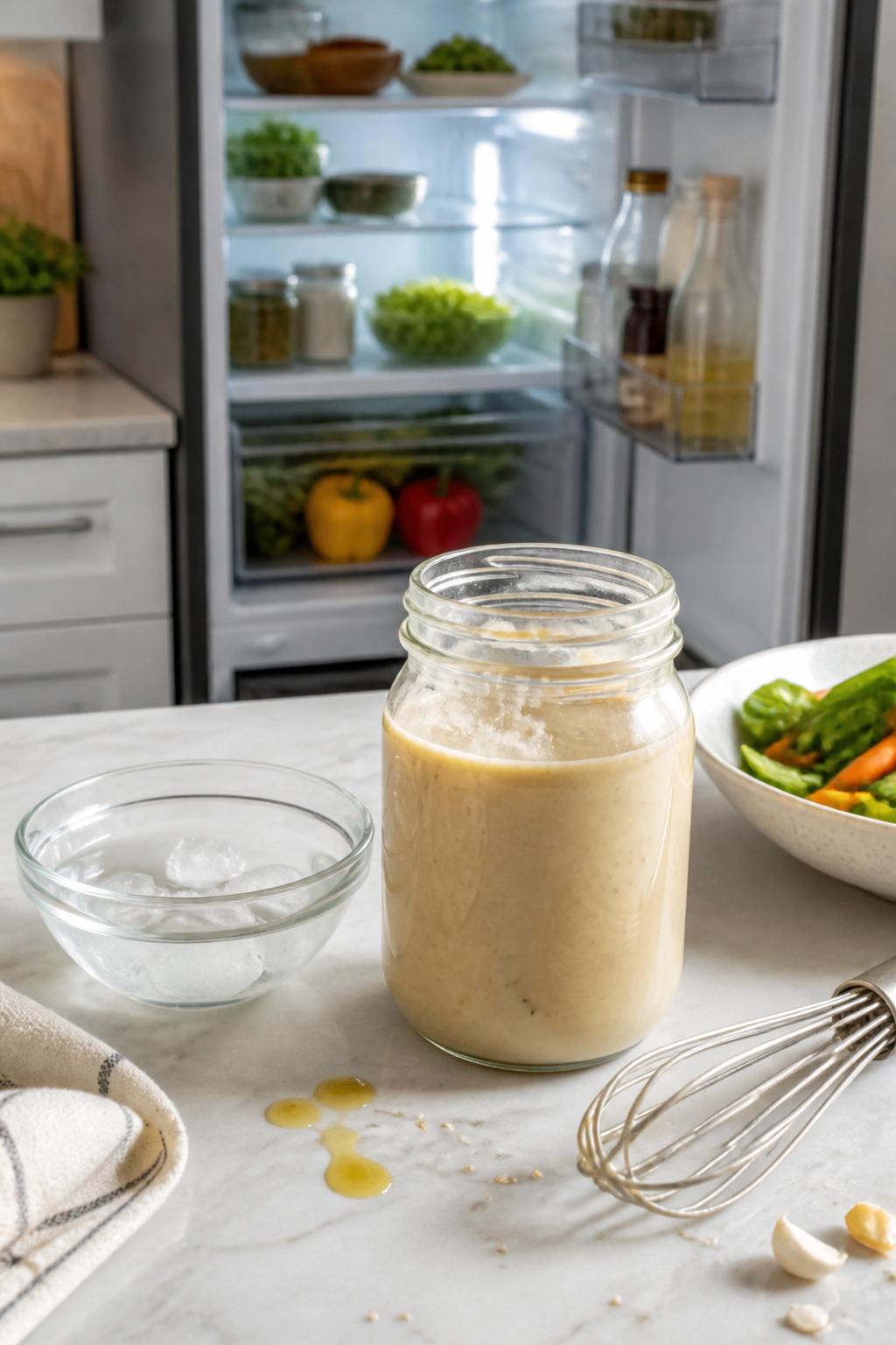 A glass jar of tahini dressing on a kitchen countertop.