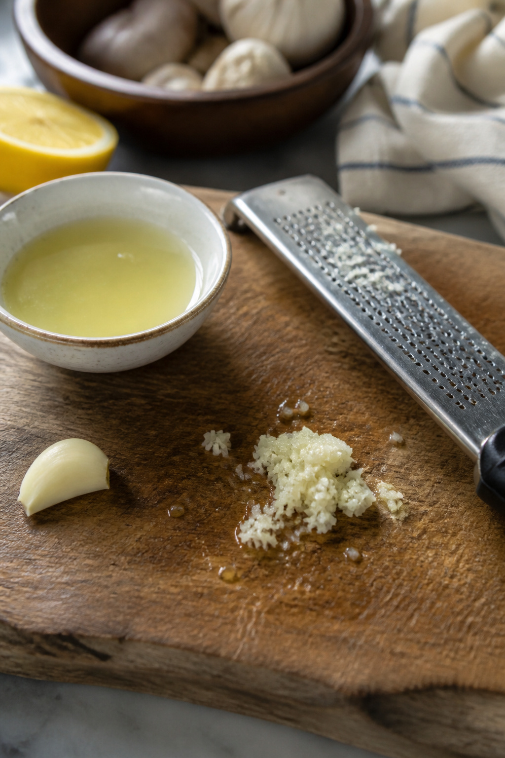 A close-up of minced garlic and a bowl of lemon juice on a cutting board.