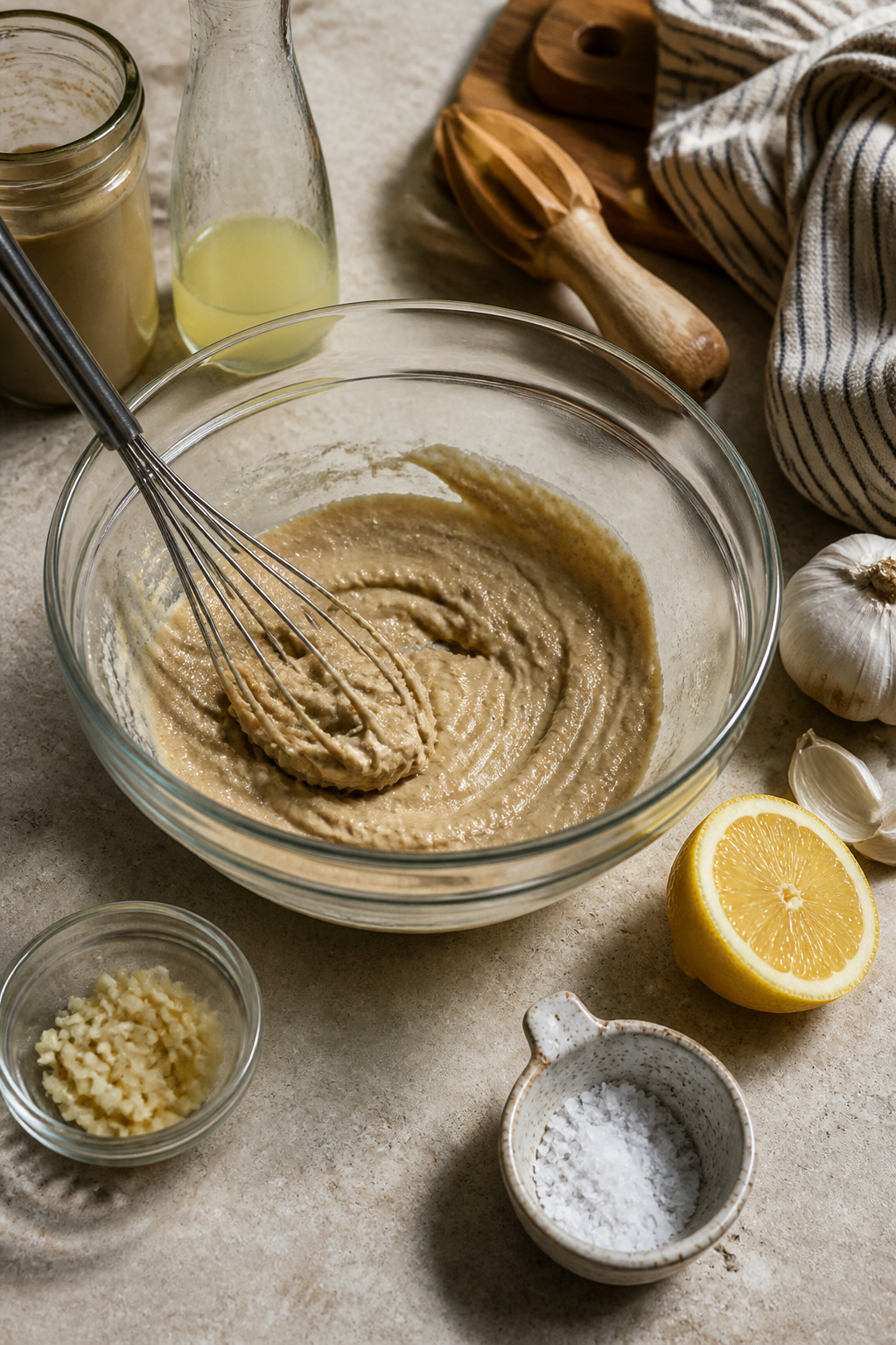 A bowl with thick tahini paste being whisked with lemon juice and garlic.