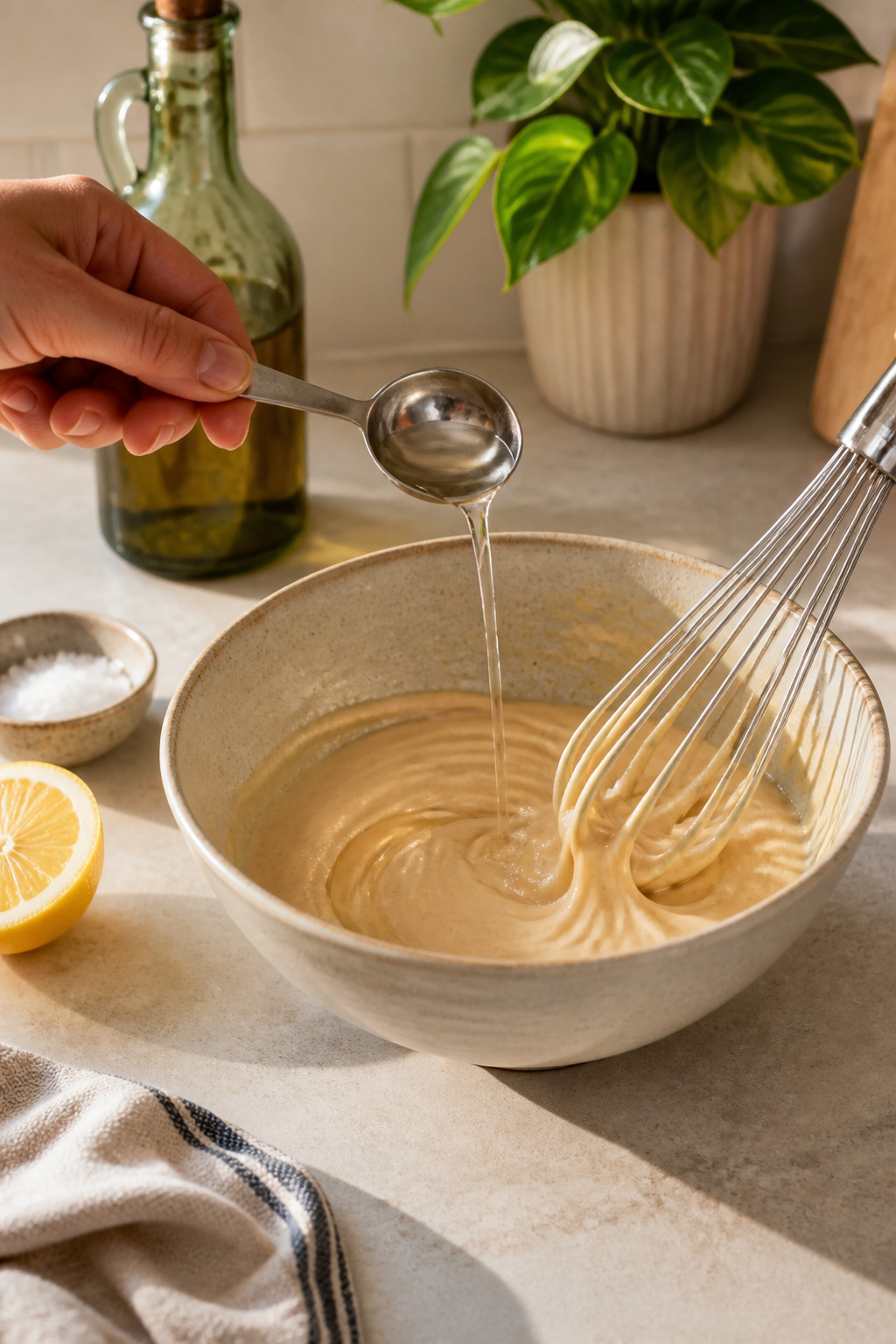 A hand pouring water into a bowl of tahini sauce mixture.