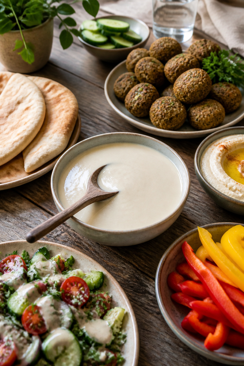 A spread of tahini sauce, pita bread, bell peppers, and falafel.
